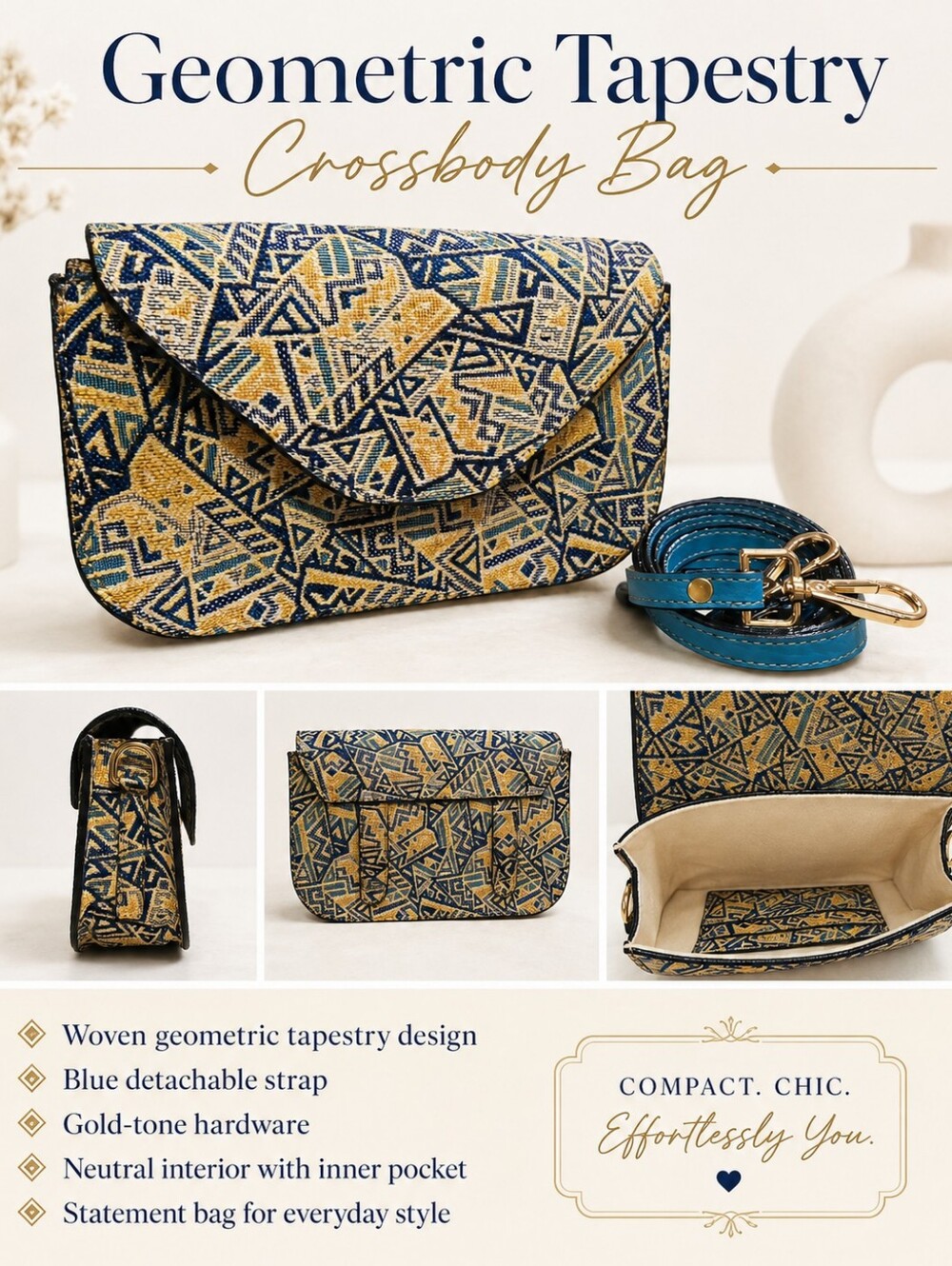 Geometric Tapestry Crossbody Bag in Blue and Gold